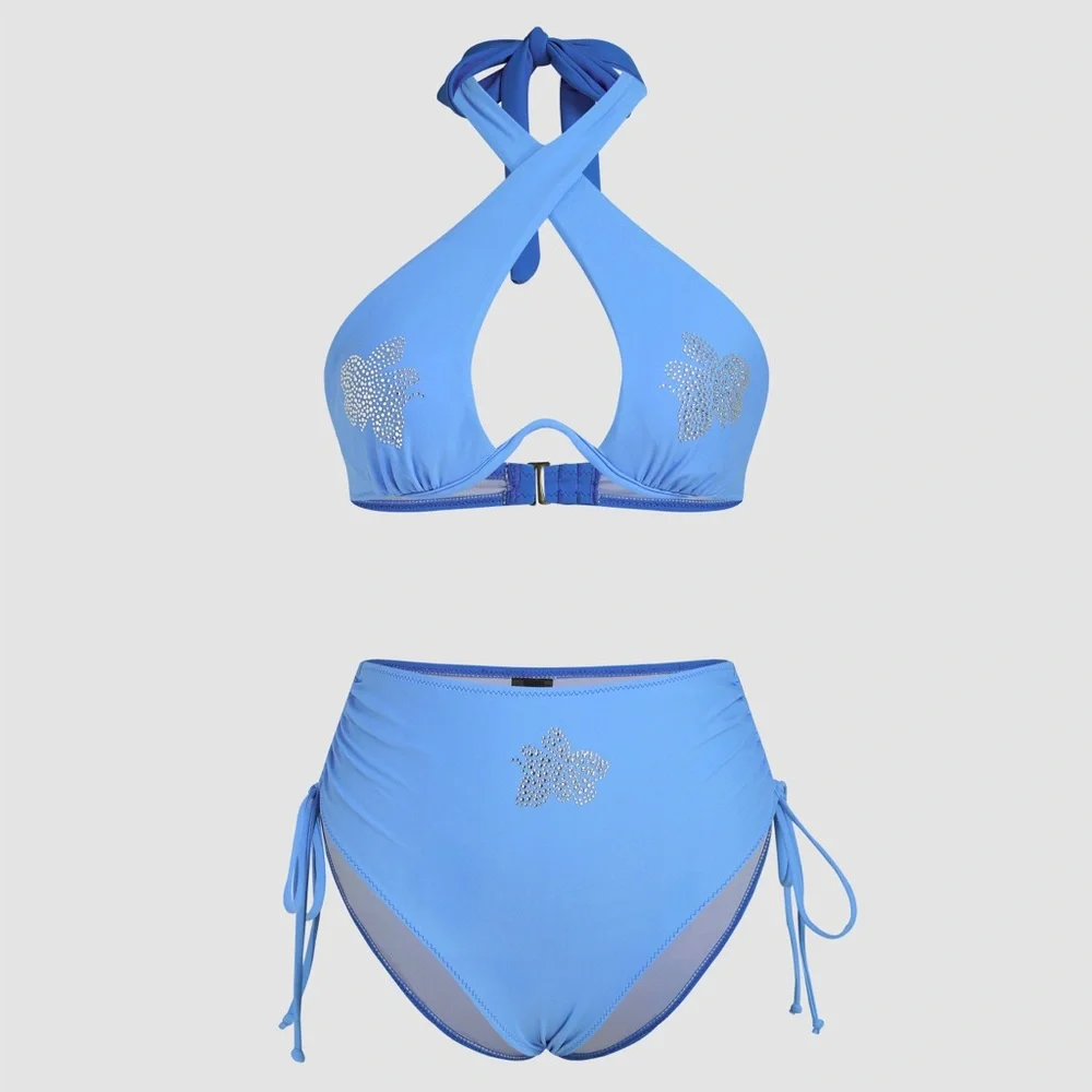 Cider Blue Halter Rhinestone High Rise Bikini Set - Picture 1 of 4